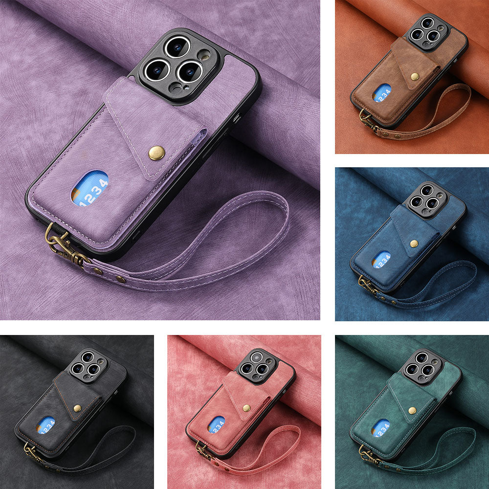 Big Sale - New Card Holder Leather Phone Case with Lanyard for iPhone 14/13/12/Pro/Plus/Mini/Pro Max
