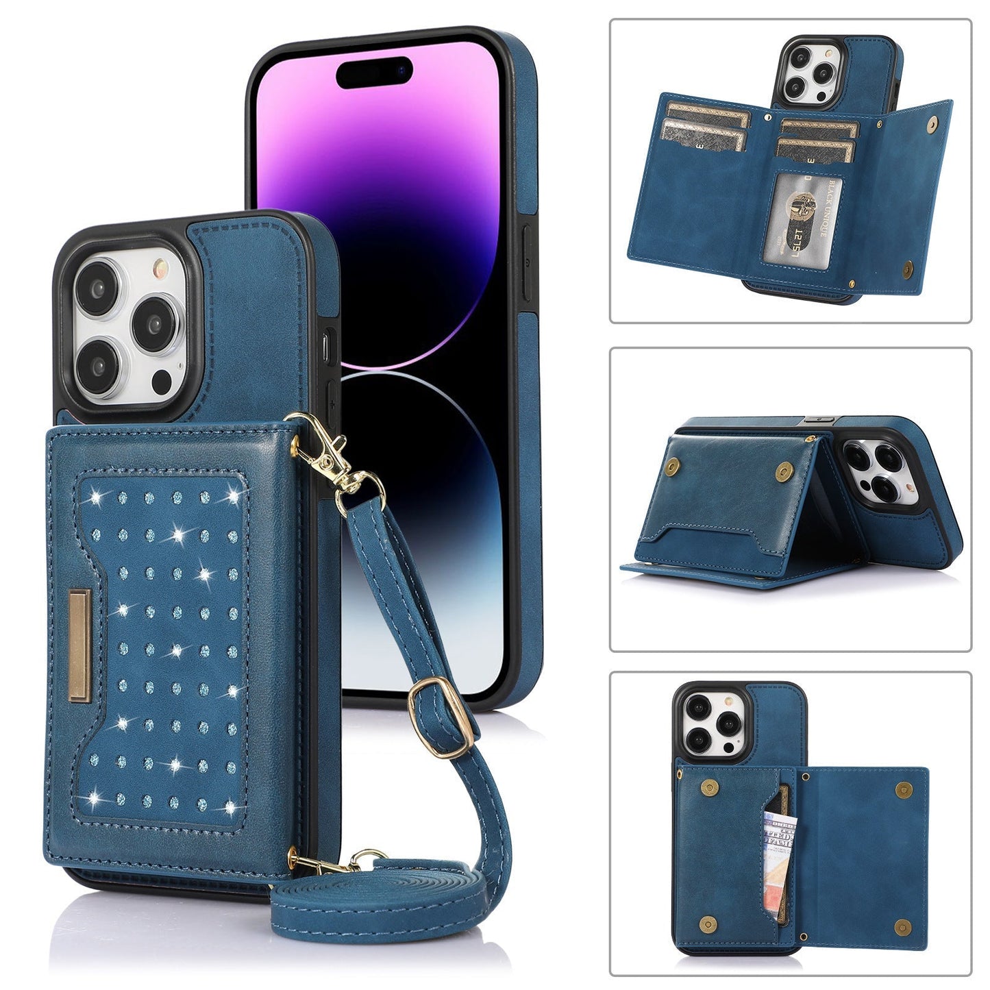 New Bling Glitter Card Holder Phone Case with Long Lanyard for iPhone 14/13/12/Pro/Plus/Mini/Pro Max