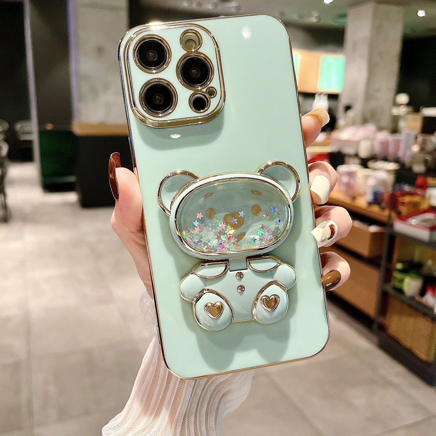 Cute Quicksand Bear Holder Mirror Phone Case for iPhone 14/13/12/Pro/Pro Max