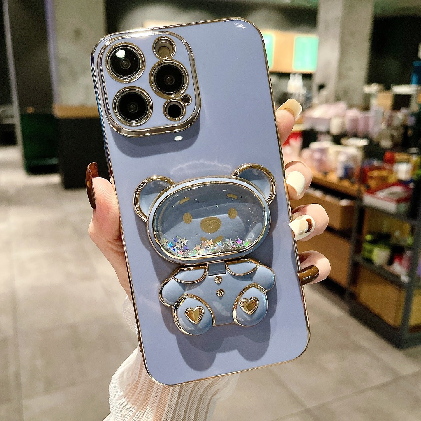 Cute Quicksand Bear Holder Mirror Phone Case for iPhone 14/13/12/Pro/Pro Max