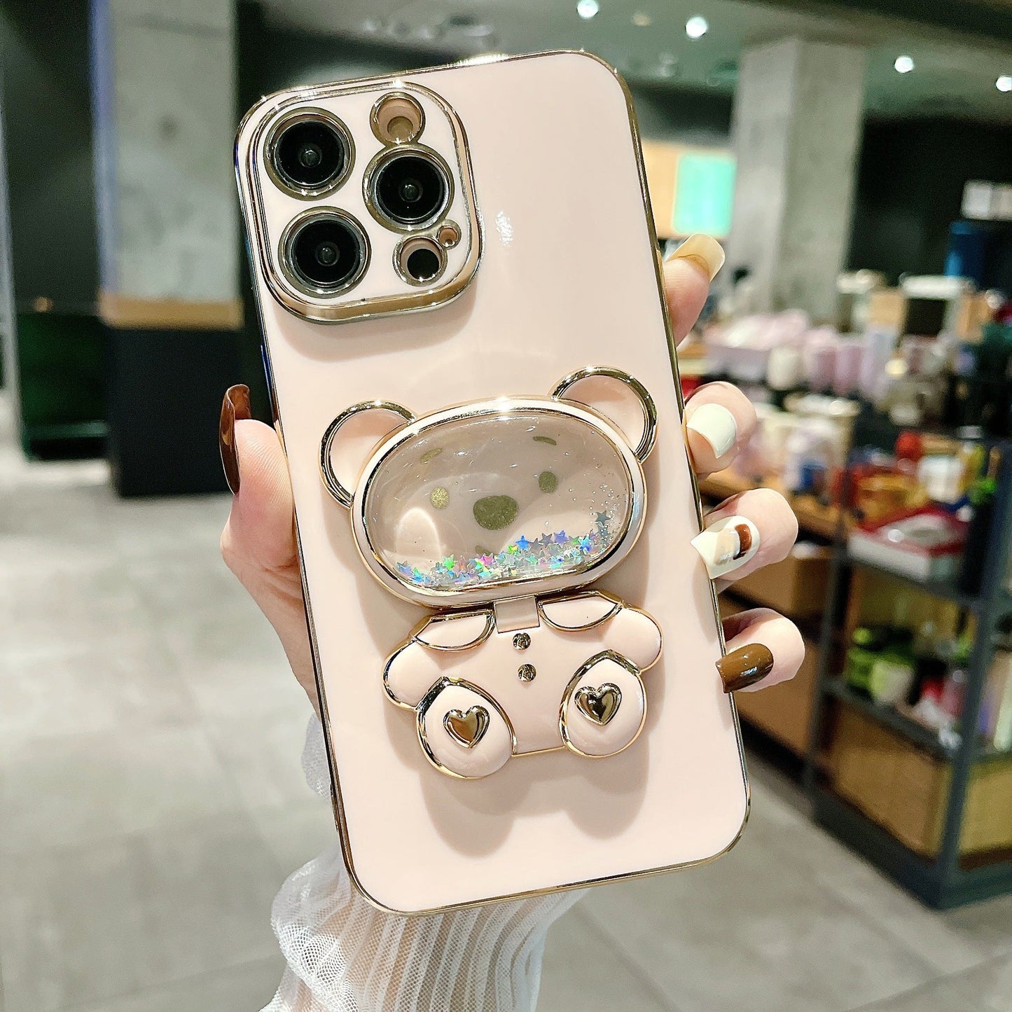 Cute Quicksand Bear Holder Mirror Phone Case for iPhone 14/13/12/Pro/Pro Max