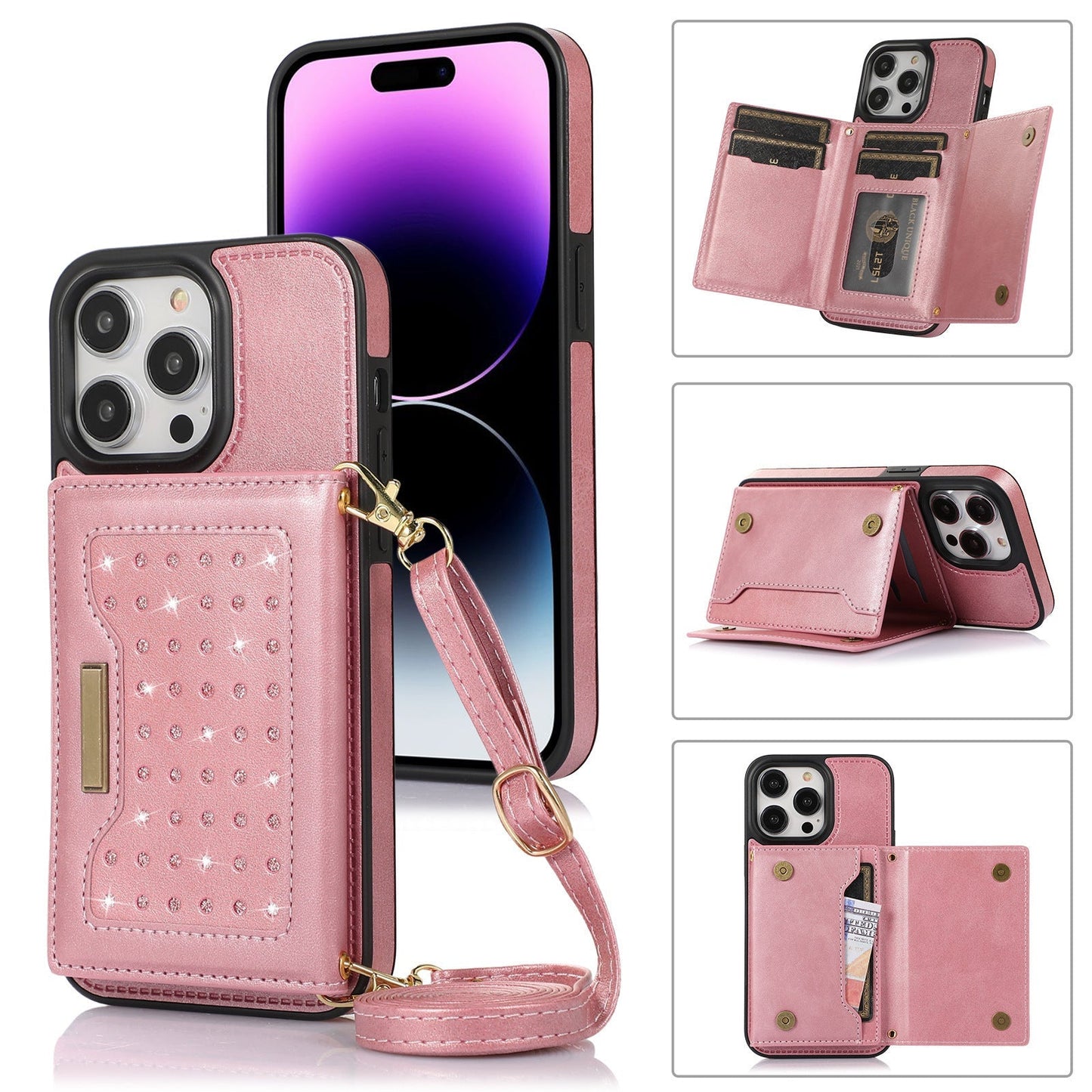 New Bling Glitter Card Holder Phone Case with Long Lanyard for iPhone 14/13/12/Pro/Plus/Mini/Pro Max