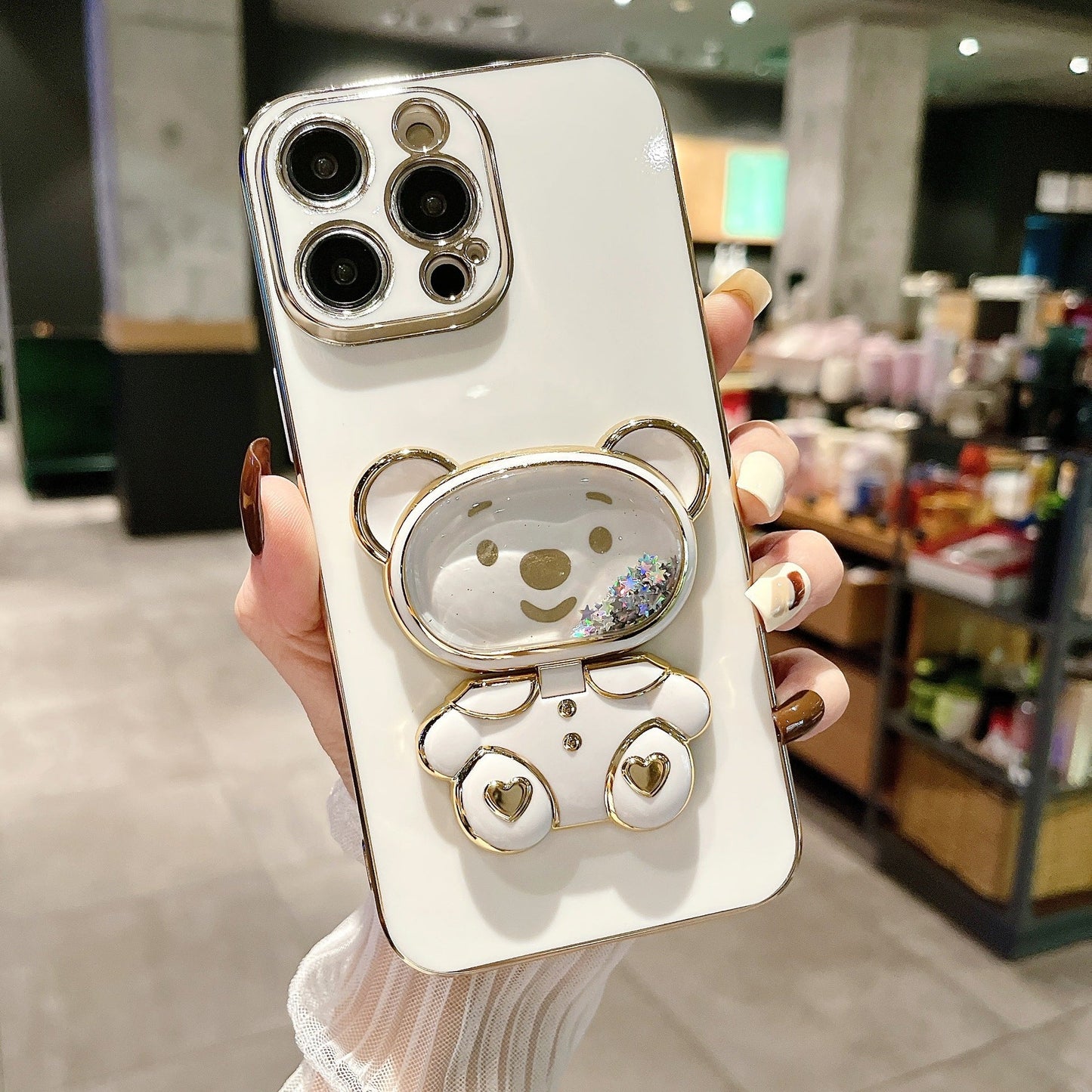 Cute Quicksand Bear Holder Mirror Phone Case for iPhone 14/13/12/Pro/Pro Max