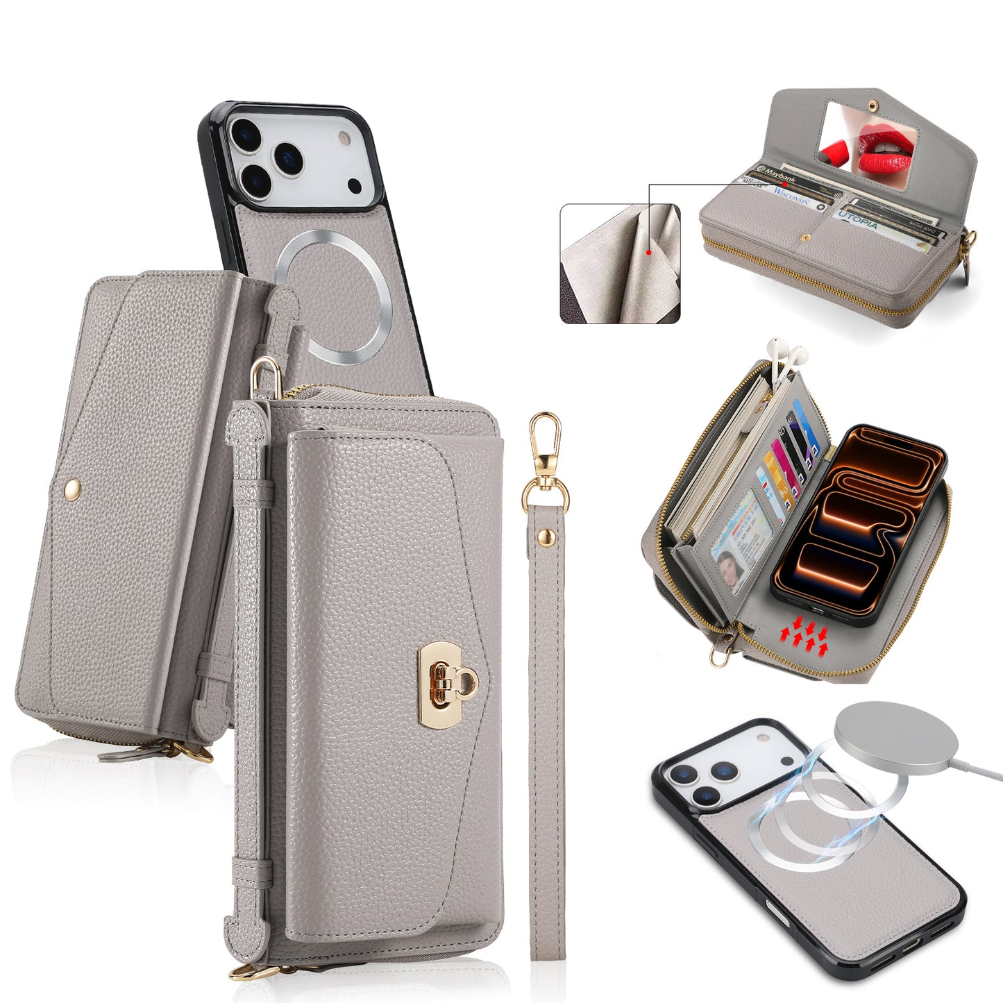 New Crossbody  2-In-1 RFID Blocking Zipper Wallet Case for iPhone 17 Pro Max