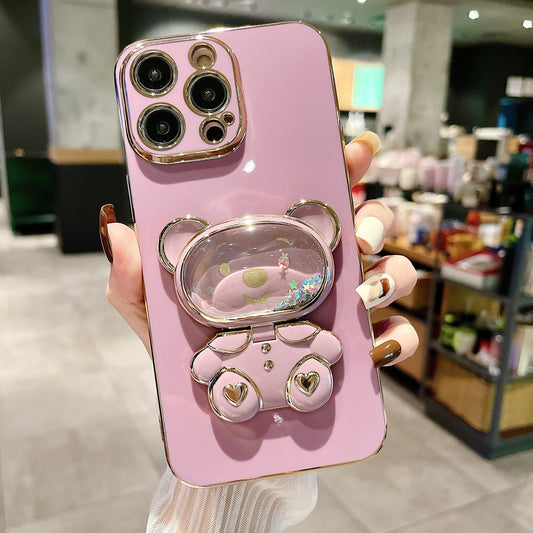 Cute Quicksand Bear Holder Mirror Phone Case for iPhone 14/13/12/Pro/Pro Max